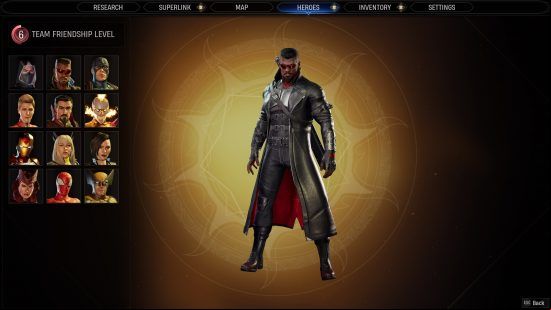 how to unlock Midnight suns characters: a superhero strikes a stoic pose, with a character selection screen on the left side of the screen