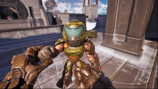 Fortnite Doom Slayer skin - a first-person mode where Doom Slayer is playing with a Doom Guy figurine.