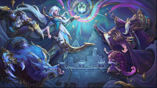 A group of blue tinted characters on the left face off against purple charcters on the right as a huge icy orb glows above them