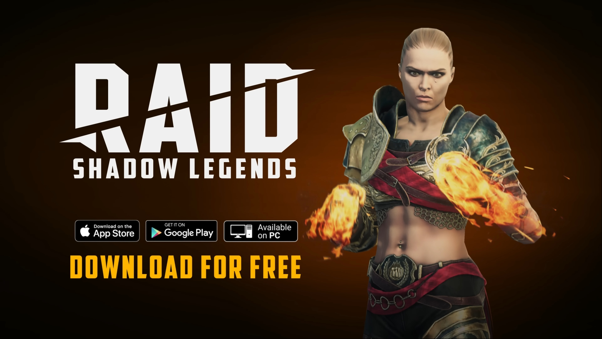 Raid: Shadow Legends promo with the game's logo, an image of Ronda Rousey, little images to indicate that it is playable on Android, iPhone, and PC. Below that, it says " for free"