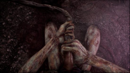 Scorn player grasps at something protruding from their undercarriage