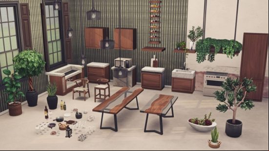 Sims 4 CC: A set of themed custom kitchen items for a house, including wine glasses, bar tops, units, and plants.