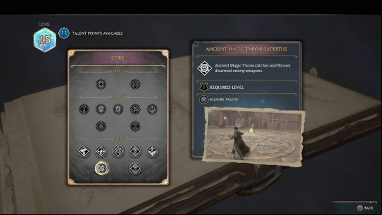 Hogwarts Legacy talents - the core page of the talent skills option in the menu. Ancient Magic Throw Expertise is currently highlighted.