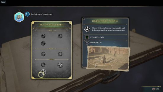 Hogwarts Legacy talents - the Room of Requirement talents, with the Edurus Potion Potency talent highlighted.