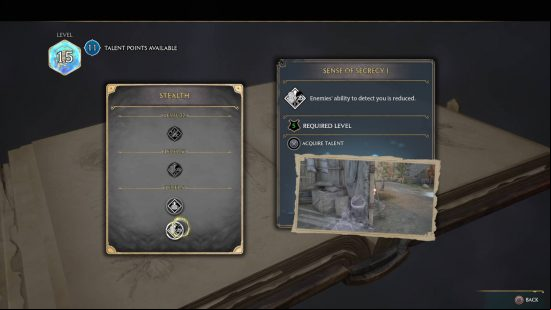 Hogwarts Legacy talents - all four stealth talents in the talent point menu.