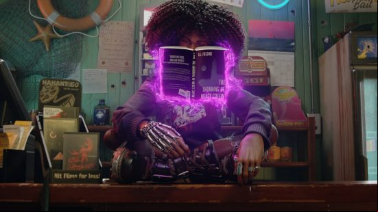 Redfall release date: a woman with an afro reads a book that is levatating in front of her face