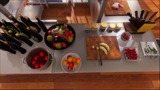 Best cooking games: a selection of fresh fruit and vegetables, wines and oils, spices, and knives on a kitchen worktop. A raw chicken drumstick is in the top corner.