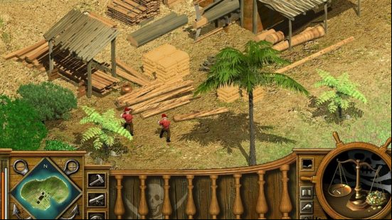 Best Pirate games: two pirates building a shack in Tropico 2 - Pirates Cove.