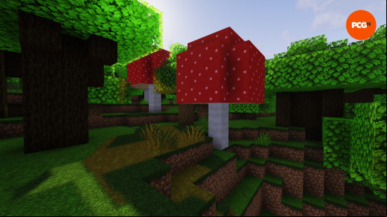 The sun rises over a Dark Forest, one of the Minecraft biomes, where two giant red mushrooms are surrounded by large dark oak trees.