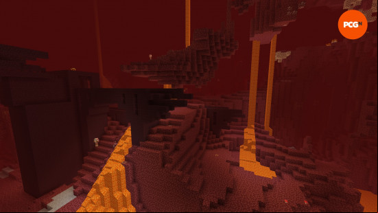 A Nether Fortress juts out the side of a netherrack cliff in the red Nether Wastes, one of the Nether Minecraft biomes.