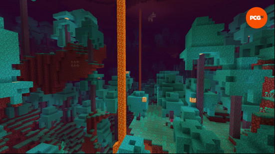 Turquoise trees grown among lava and netherrack in a Warped Forest, one of the Minecraft biomes found in the Nether.