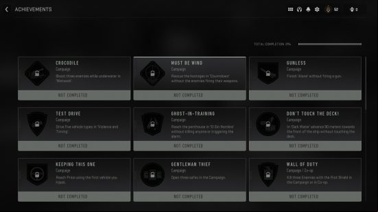 Modern Warfare 2 achievements: the achievements screen in MW2 displaying the first nine achievements available