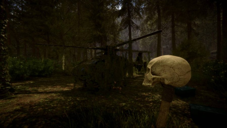 Sons of the Forest: A skull sits on the ground next to a helicopter in a dark woodland area