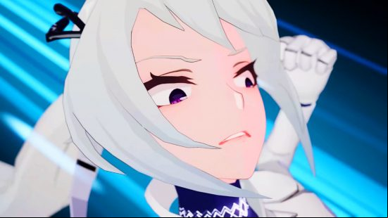 Tower of Fantasy Alyss - a white-haired woman raises a fist, giving a disgusted look downwards