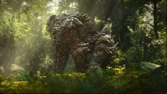 Wild Hearts monsters list - a large ape creature walking through the forest. Its arms are sizzling.