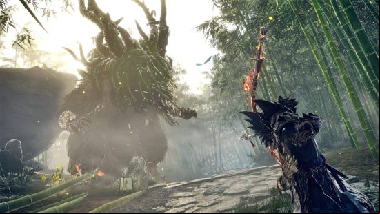 Wild Hearts monsters list - an archer is about to fire a bow at a large racoon with tree branches growing from its head.