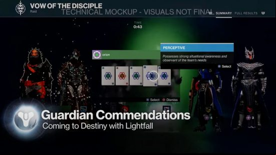 Destiny 2 Commendations explained: A player grants a fellow Guardian Commendations on a Vow of the Disciple summary screen.
