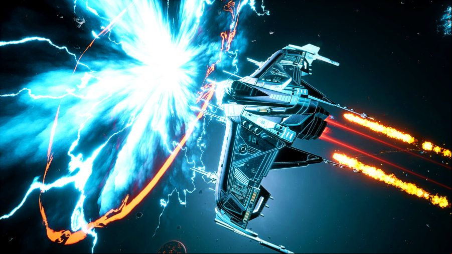 Everspace 2 - a ship in space flies past a large blue explosion