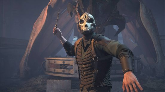 Hogwarts Legacy House Cup - a Dark Wizard is about to cast a spell. He is wearing a skull facemask. A dragon is slowly stirring behind him.