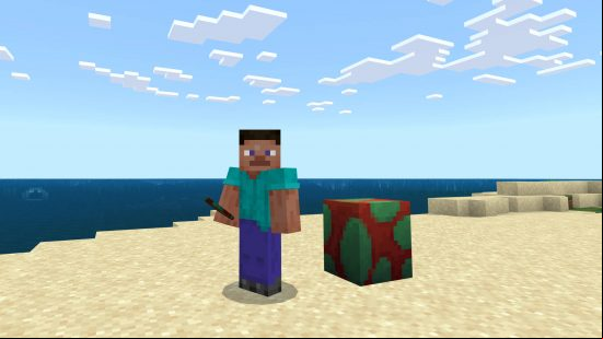 Steve is standing on a beach next to a Minecraft Sniffer egg.
