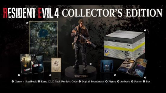 Resident Evil 4 remake release date: A visual graphic of the collector's edition of the horror game, showing the Leon Kennedy figure, map poster, artbook, and more.