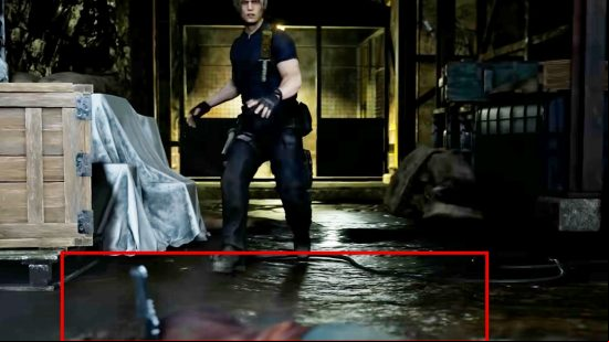 Resident Evil 4 Remake trailer hides a worrying easter egg: A screen grab from the Resident Evil 4 Remake trailer showing Leon and a red highlight box