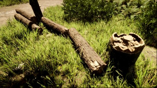 Sons of the Forest tree regrowth: Do trees regrow in Sons of the Forest? A stump where a tree has been chopped down, and four large logs