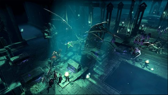 A collection of warriors fighting a huge skeletal dragon in a dimly lit dungeon