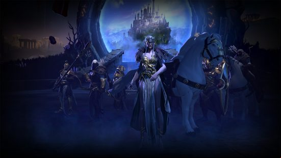 A purple skinned elven warrior stands in front of a mystical castle with a white horse by her side