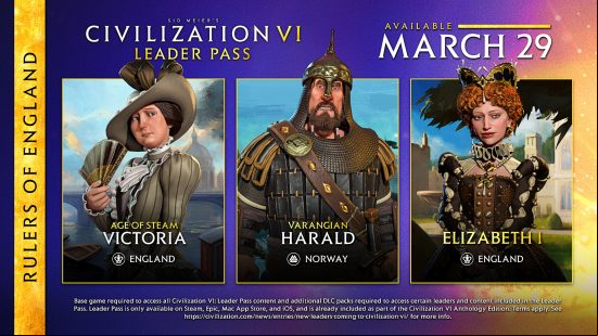 Civilization 6 DLC Rulers of England - graphic showing Age of Steam Victoria, Varangian Harald, and Elizabeth I coming on March 29.
