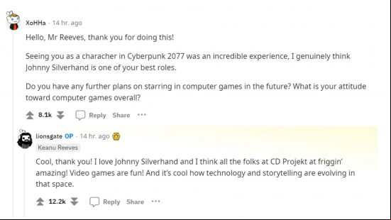 Keanu Reeves loves his bad-mouthed Cyberpunk 2077 role as much as you: Keanu Reeves answering a Cyberpunk 2077 question on Reddit