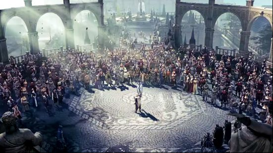 Lost Ark year two - King Thirain holds up a banner in the centre of a large courtyard, surrounded by the people of the city