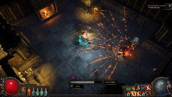 Path of Exile Forbidden Sanctum - gameplay of a character in the roguelike dungeon, with enemies firing arcs of flaming bolts