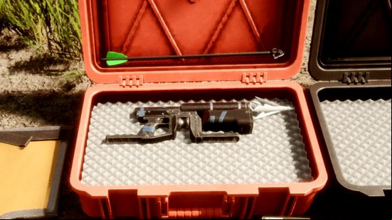 Sons of the Forest zipline: The rope gun sits in a red case in the inventory UI