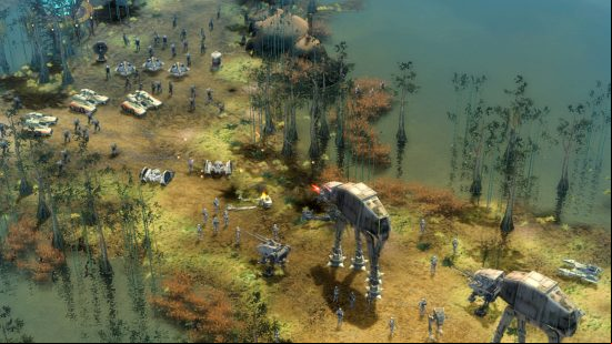Star Wars Empire at War - Imperial forces including AT-AT walkers approach a rebel base