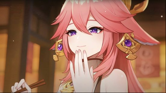 Genshin Impact 3.7 release date - Yae Miko is a pink-haired girl who is stiffling a giggle as she eats with chopsticks.