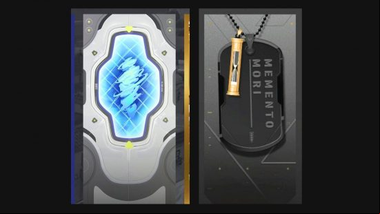 Two Valorant cards, one with a dogtag saying 'momento mor' with an hourglass, and the other with a blue portal with a sketchy figure in it