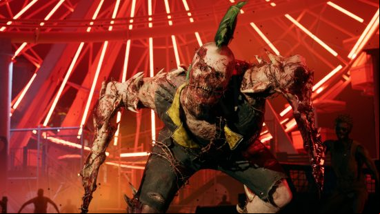 Dead Island 2 review - A butcher zombie variant with a green mohawk stands in front of the red neon lights of a ferris wheel.