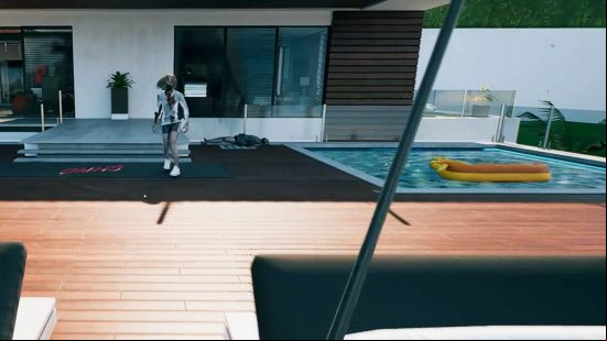 The pool balcony adjacent to the master bedroom that requires the Dead Island 2 Goat Pen Master Keys to access, characterised by pool inflatables and zombies.