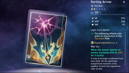The best Honkai Star Rail light cones they appears in your inventory, displaying the memory card itself, and the full details of its abilities and stat bonuses to the right.