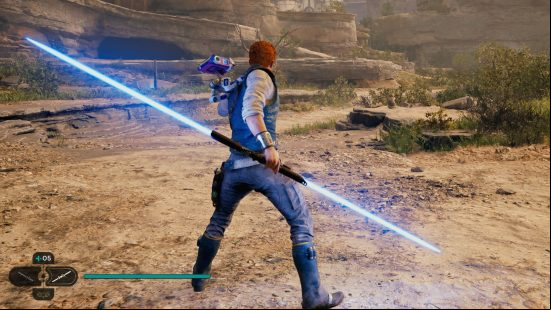 Jedi Survivor lightsaber stances: Cal Kestis holds a double-bladed lightsaber behind his back and readies for attack.