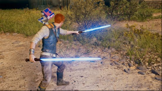 Jedi survivor lightsaber stances: Cal Kestis wields two blue lightsabers in the dual wield stance.