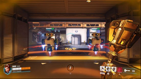 Overwatch 2 Brigitte ult rework: The practice range with two robots gaining Overhealth during Brigitte's Rally ultimate.