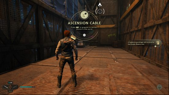 Cal retrieving the ascension cable on the Star Wars Jedi Survivor Coruscant city planet, allowing him to grapple up the industrial walls that block him in on all sides.