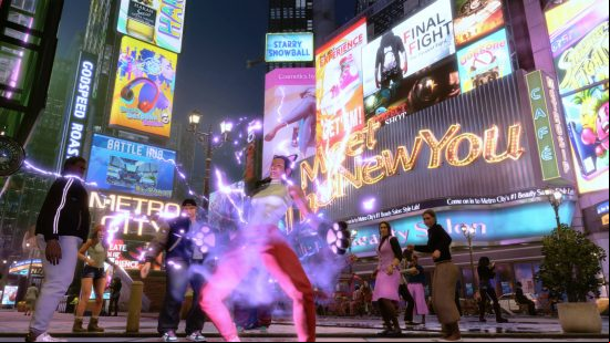 A created character is charming the masses in Metro City's version of Time Square by emitting electricity during the Street Fighter 6 World Tour preview.