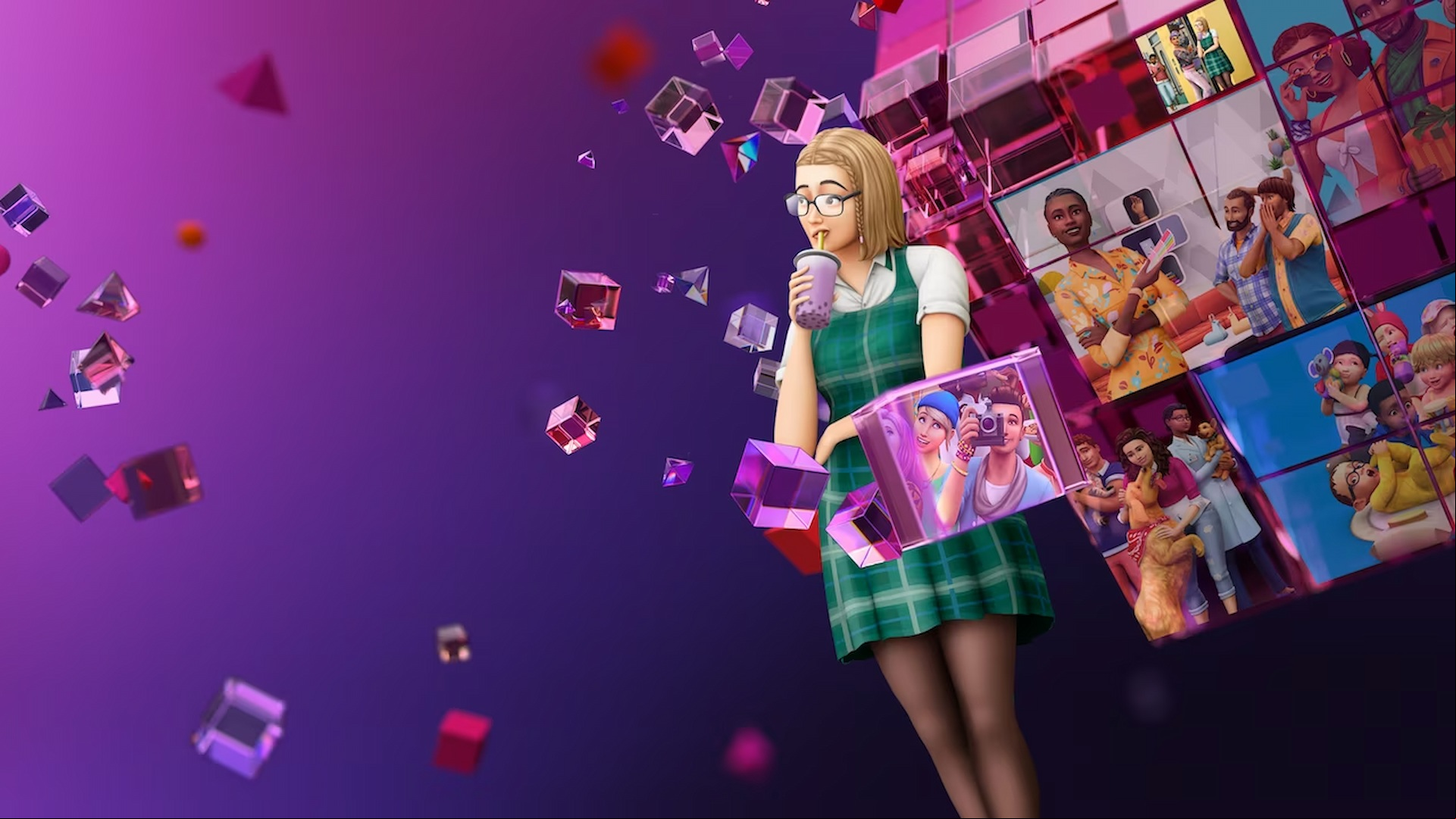 A Sim drinking against a purple backdrop