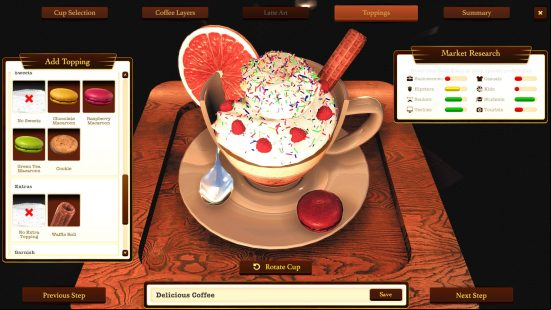 A fancy coffee, topped with whipped cream, sprinkled, an orange slice, raspberries, and a pink macaron, in the cooking game Espresso Tycoon.