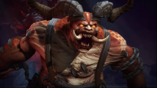 Diablo 4 The butcher boss screams menacingly with glowing eyes and horns protruding from his head.