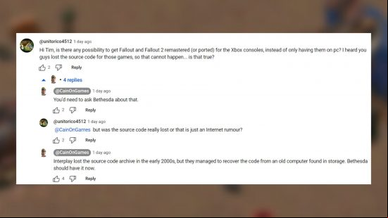 The long lost Fallout source code has been found: a screenshot of Cain's comment on YouTube