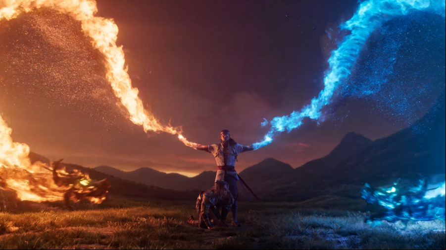 Mortal Kombat 1 - Liu Kang holds his arms out wide, dragons of orange and blue flame flying out of his hands and approaching a beaten Shang Tsung.